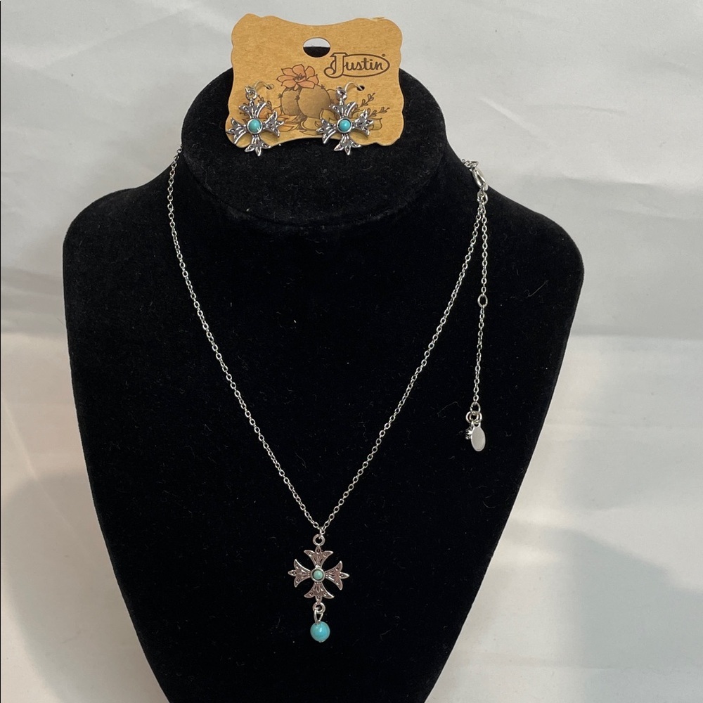 Justin Boots Elegant Silver Necklace & Earrings Set with Turquoise Highlights